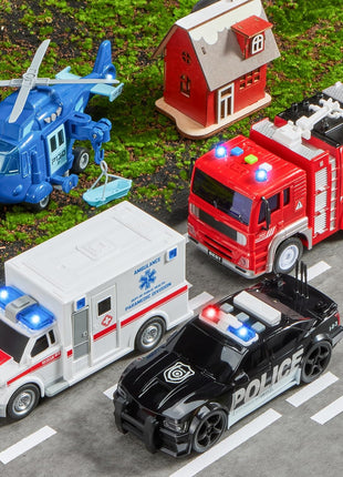 JOYIN 4 Packs Emergency Vehicle Toy Playsets, Friction Powered Vehicles with Light and Sound, Including Fire Truck, Ambulance, Play Police Car and Helicopter, Toddler Kids Boys Gifts