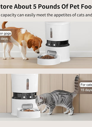 Automatic Cat Feeder with 2 Cameras 1080P HD with Night Vision Pet Food Dispenser Two-Way Voice and Audio Dog Smart WiFi Dog & Cat Feeder Programmable Schedule Slow Bowl White