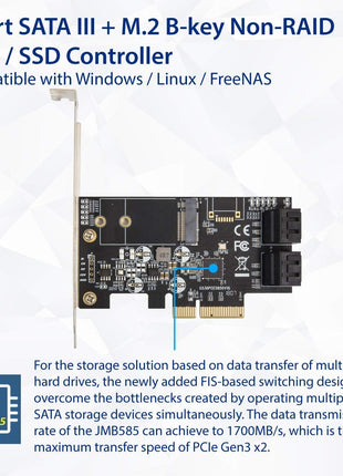 IO Crest SI-PEX40138 Internal 4 Port Non-Raid SATA III 6GB/S with M.2 B-Key 22x42 Pci-E X4 Controller Card for Desktop PC Support SSD and HDD with Low Profile Bracket. JMB585 Chipset