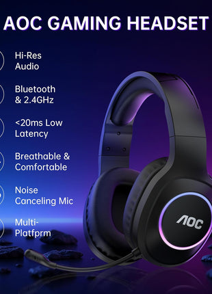 AOC Wireless Gaming Headset Compatible with PS5/4, Nintendo Switch, PC, Bluetooth 5.4 & 2.4GHz Gaming Headphones with Noise Canceling Mic, RGB, Type-C, 20ms Latency, 45H, 7.1 Virtual Surround- Black