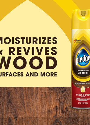 Pledge Moisturizing Wood Oil, Furniture Reviving and Protecting Conditioner and Dusting Spray, Revitalizes Wood, Sealed Leather and Laminate, Made with Mineral Oils - Amber & Argan Scent, 9.7oz