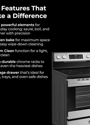 Kenmore 5.2 cu ft. Rear Control Electric Range - Stainless Steel | 4 Cooktop Elements - Steam Clean Oven & Hidden Bake for Easy Cleaning - Ultra-Durable Chrome Racks & Storage Drawer