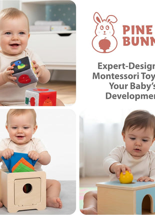 Pine Bunny Montessori Wooden 10-in-1 Toy Set for 7+ Months, Object Permanence Box, Egg and Cup, Tissue Box, Fabric Blocks, Scarf, Educational Learning Sensory Development Fine Motor Skills Baby Toys