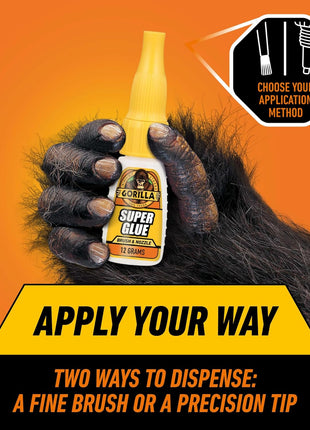 Gorilla Super Glue with Brush & Nozzle Applicator, Clear Glue, 12 Gram (Pack of 1) - All Purpose and Fast Setting for Projects and Repairs