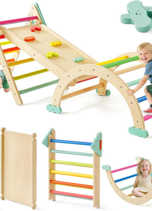 Tiny Land Pikler Triangle Set,7-in-1 Foldable Montessori Climbing Toys | Indoor Wooden Playground Jungle Gym for Kids, Climber Gift for Boys & Girls Toddler Climbing Toys (Rainbow)