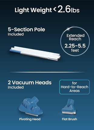 KOKIDO Cordless Handheld Pool Vacuum for Above Ground Pool, with 6ft Pole and 2 Vac Brush Heads, Ideal for Spot Cleaning Small Inground Pool Spa up to 20ft, Rechargeable, 60min, Sand and Light Debris