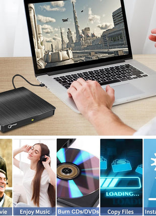 External CD/DVD Drive for Laptop, Portable CD DVD Player, USB 3.0 A, Black | CD ROM burner compatible with Laptop Desktop PC Windows Linux OS Apple Mac record music videos install software backup
