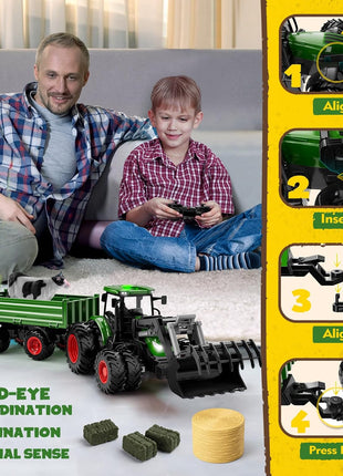 Uarzt Remote Control Tractor Toy with Trailer | Metal Front & Front Loader Farm Vehicle Set with Lights & 8-Wheel Design, RC Tractor Truck for Boys Ages 3-9, Fun Farm Toy Gift for Kids