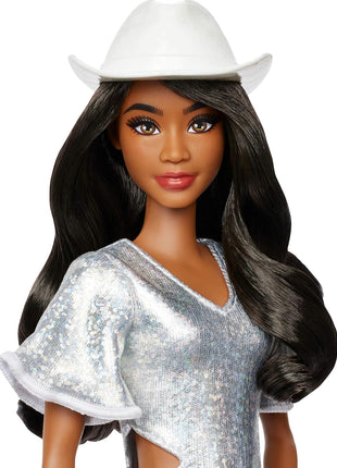 Barbie Fashionistas Doll #239 with Black Hair, Western Themed Outfit | Wearing Sparkly Silver Fringe Dress with Western Accessories like White Cowboy Hat and Boots