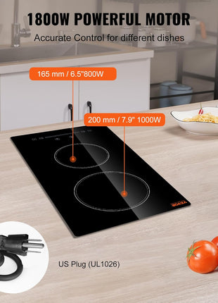 VEVOR Built in Electric Stove Top, 12 inch 2 Burners Ceramic Cooktop, Glass Radiant Cooktop with Sensor Touch Control, Timer & Child Lock Included, 9 Power Levels for Simmer Steam Slow Cook Fry,110V