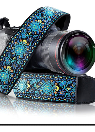 Camera Strap - Shoulder, Crossbody & Neck Camera Strap for Photographers, Fits All Cameras, Canon Nikon Sony Fujifilm, Padded Strap W/ Quick Release, Embroidered Cotton & Leather Ends, Blue