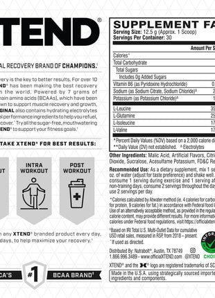 Xtend Original BCAA Powder, 7g BCAAs and 2.5g L-Glutamine for Muscle Recovery Hydration and Lean Muscle, Sugar Free Intra and Post Workout Drink with Electrolytes, Watermelon Explosion, 30 Servings