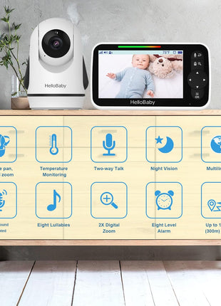 HelloBaby 5 Inch Video Baby Monitor with Camera and Audio, Remote Pan-Tilt-Zoom Camera with Night Vision, 2-Way Talk, Temperature, 8 Lullabies and 1000ft Range Baby Monitor No WiFi Needed