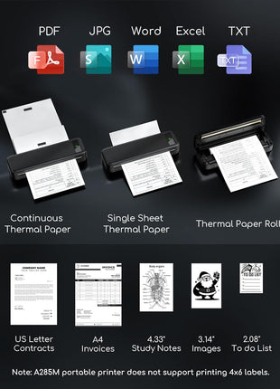 Portable Printers Wireless for Travel, A285M Small Inkless Thermal Printer, Bluetooth Mobile Printer Support 8.5 inch X 11 inch Letter & A4 Thermal Paper, Compatible with iPhone Laptop for Home Office Receipt