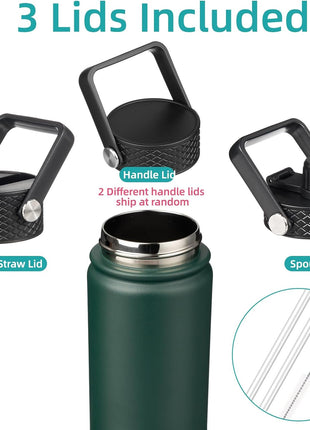 Konokyo 22oz Stainless Steel Bottles with 3 Lids Sport Insulated Water Bottle,Army Green