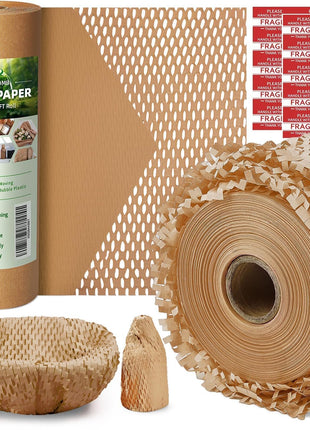 Honeycomb Packing Paper,12 inch W x 200' L Bubble Cushioning Wrap for Moving,Products & Gifts Wrapping Paper,Recyclable and Biodegradable Cushioning Packing Material with 20 Fragile Sticker Labels