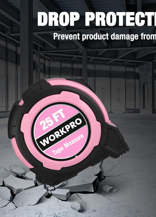 WORKPRO 25FT Pink Tape Measure, 1/8 Fractions Easy Read Measuring Tape, Retractable Nylon Coating Measurement Tape Accuracy 1/32, Magnetic Hook, Belt Clip, Rubber Protective Casing - Pink Ribbon