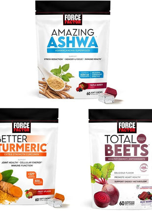 Force Factor Amazing Ashwa for Stress Relief + Better Turmeric Joint Support + Total Beets Heart-Healthy Energy Soft Chews (60 Chews Each)
