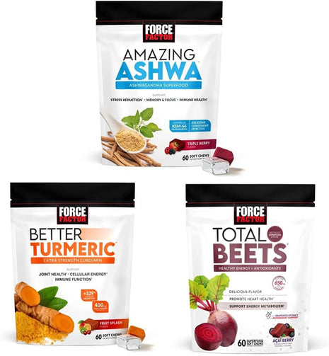 Force Factor Amazing Ashwa for Stress Relief + Better Turmeric Joint Support + Total Beets Heart-Healthy Energy Soft Chews (60 Chews Each)
