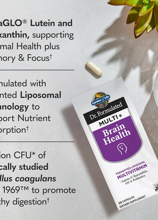 Garden of Life Dr Formulated Multi+ Brain Health, Fermented Liposomal Multivitamin + Lutein & Zeaxanthin, Vitamin D3 & Probiotics - Memory & Focus Support, Digestive & Immune Health, 30 Capsules