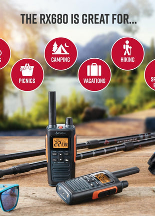 Cobra RX680 Walkie Talkies (2-Pack) - Rugged & Splashproof Two Way Radios Long Range, IP54 Water Resistant Design, 60 Pre-Programmed Channels, Weather Alerts, Included Charging Dock (Black/Orange)