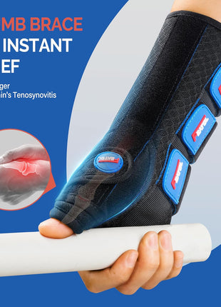 FEATOL Carpal Tunnel Wrist Brace Night Support, Thumb Spica Splint Right Hand for De Quervains Tenosynovitis, Tendonitis, Thumb Brace for Women Men, Black Blue, Small/Medium