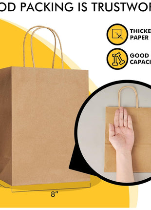Brown Paper Bags with Handles Bulk 100Pcs 8x4.5x10.8 Inch Gift Bags Bulk, Brown Kraft Paper Bags for Retail, Party, Shopping, Favor
