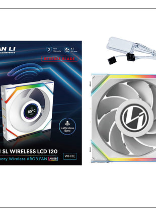 Lian Li UNI Fan SL LCD Wireless (Reverse Blade) 120mm ARGB Fan - Single Pack - 1.6" LCD - 2.4 GHz Wireless Signal for RGB & Control - Controller NOT Included & Required - White(12RSLLCD1W1W)