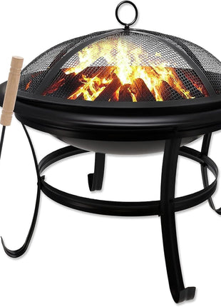 Gas One 22 in Outdoor– Wood Burning Fire Pit with Mesh Lid and Fire Picker – Durable Alloy Steel Fire Pits for Outside – Small Fire Pit for Backyard, Porch, Deck, Camping, BBQ