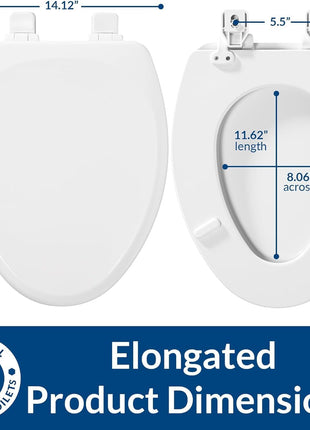 Mayfair Linden Slow Close Toilet Seat, Non Slip Heavy Duty Wood, Easy Install, Elongated, White