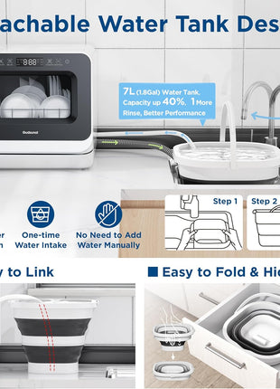 Portable Countertop Dishwasher, 7L Detachable Water Tank, 6 Programs,No Hookup Needed, 192°F Hi-Temp Hygiene, Hybrid Drying & Preserve Fuction, Mini/Small Dishwasher for RV & Apartment,Black