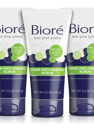 Biore Pore Unclogging Scrub With Salicylic Acid, Oil Free, 5 Oz, 3 Pack | Removes Excess Dirt & Oils, Deep Exfoliation, Clears Congestion, Smooth Texture, Fresh Clean Finish