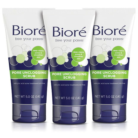 Biore Pore Unclogging Scrub With Salicylic Acid, Oil Free, 5 Oz, 3 Pack | Removes Excess Dirt & Oils, Deep Exfoliation, Clears Congestion, Smooth Texture, Fresh Clean Finish