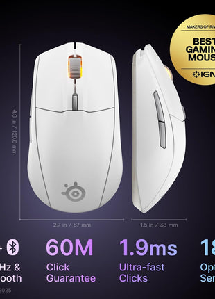 SteelSeries Rival 3 Wireless Gen 2 Gaming Mouse 鈥?2.4GHz and Bluetooth 鈥?18000 DPI TrueMove Air Optical Sensor 鈥?60 Million Click Durability 鈥?Light-Weight 鈥?100% PTFE Feet 鈥?White