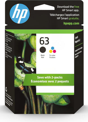 HP 63 Black, Tri-Color Ink Cartridge Printers (2-Pack), Works with DeskJet 1112, 2130, 3630 Series; Envy 4510, 4520; OfficeJet 3830, 4650, 5200, Eligible for Instant Ink, L0R46AN