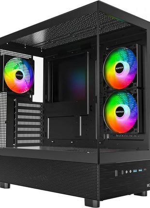 MONTECH XR Panoramic High Airflow ATX PC Case, 3 ARGB PWM Fans, Black | 420mm GPU Support, 360mm Radiator, Dual Tempered Glass, USB-C, Reverse Blade Fans, Magnetic Dust Filters, Up to 9 Fans