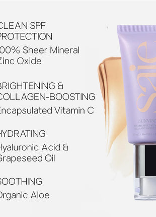 Saie Glowy Super Gel Lightweight llluminator & Makeup Primer - Starglow (1 oz) + Sunvisor Broad Spectrum SPF 35 Mineral Sunscreen (1.35 fl oz) + Lash Lengthening Mascara 101 - Black (0.31 oz)