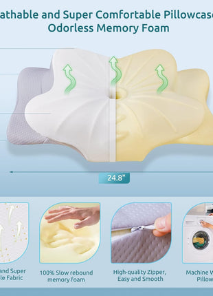 DONAMA Contour Cervical Neck Pillow for Neck Pain Relief | Queen,Ergonomic Dual-Height,Odorless Memory Foam,Side/Back/Stomach Sleepers,Cooling Hypoallergenic Cover,OEKO-TEX Certified