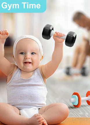 iPlay, iLearn Baby First Gym Rattle Set, Infant Dumbbell Weights Teething Rattles 3-6-12 Month, Newborn Workout Sensory Stroller Toy, Babies Birthday Shower Gift 5 7 8 9 10 Month Toddler Boy Girl-4PCS
