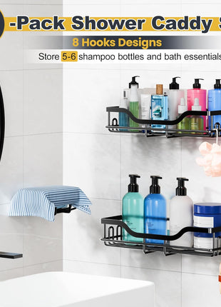 OMAIRA 3-Pack Shower Caddy with Soap Holder, Adhesive Rustproof No-drill Strudy Loading Inside Shower Organizer Shelves Rack Storage Bathroom Organization for Smooth Wall Glass Tile, Black (X-Large)