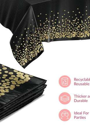 Prestee Gold and Black Table Cloth for Events   Pack of 4, 54 x 108 Inches   Disposable Table Cover, Ideal Black Tablecloths for Party Decorations, Dining, and Holiday Celebrations