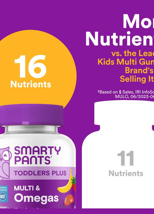 SmartyPants Toddler Multivitamin Gummies, Omega 3 (DHA/EPA), Vitamins D3, C, Vitamin B12, B6, A, K & Zinc, Biotin, Gluten Free, Three Fruit Flavors, 60 Count (30 Day Supply)