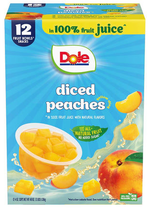 Dole Diced Peaches in 100% Juice - Dole Fruit Bowls Snacks - 4 oz Fruit Bowls - 12 Pack