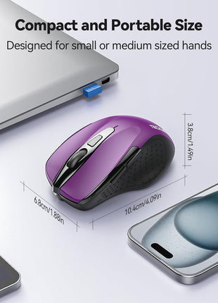 TECKNET Wireless Mouse, 2.4G Ergonomic Computer Mouse, 2600 DPI, Purple | Ergonomic Design with Side Grips, Adjustable DPI, 2-Year Battery, Compact Size, USB-A Plug & Play, Wide OS Compatibility