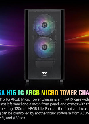 Thermaltake Versa H16 TG ARGB Black Micro ATX Tower Case; Tempered Glass Side Panel; 3 Pre-Installed ARGB Fans; CA-1Y8-00S1WN-02; 3 Year Warranty