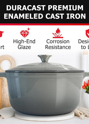Mueller 6 Quart Enameled Cast Iron Pot Dutch Oven, Heavy-Duty | Oven-Safe up to 500°F & Across All Cooktops, Casserole Dishes for Ovens, Bread Pan with Lid & Knob, Cast Iron Cookware, Grey