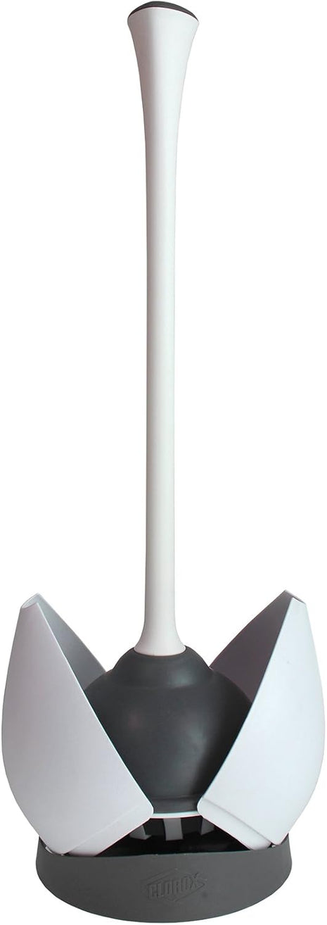 Clorox Toilet Plunger with Hideaway Holder Caddy Heavy-Duty Compact Design with Non-Skid Rubber Base for Bathroom Convenient Storage Toilet Unclogger, 6.5x19.5-Inch, White