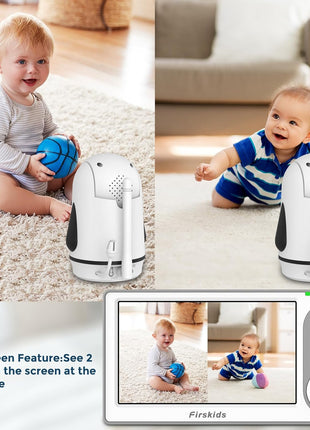 Split-Screen Baby Monitor with 2 Cameras No WiFi, 30H Battery, Pan-Tilt-Zoom, Monitor para bebés with Night Vision, 2-Way Audio, Room Temp Sensor, Lullaby, Plug & Play - Ideal for Travel
