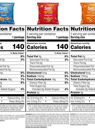 SunChips 100% Whole Grain Chips, Variety Pack, 1 oz Bags, Pack of 40, No Artificial Flavors, Colors