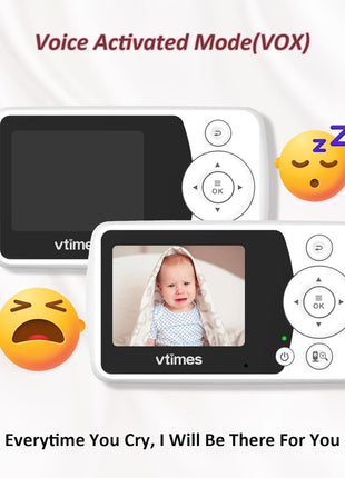 VTimes Baby Monitor with Camera and Audio, No WiFi, 2.4" LCD Screen, Two-Way Talk, Portable, Night Vision, 1000ft Range, Temperature Sensor, Alarm and Lullaby, for Baby Shower